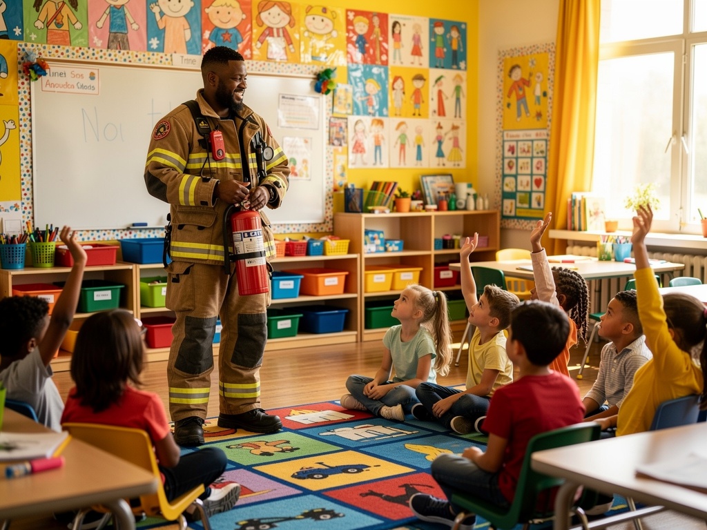 Black firefighter giving fire safety education to children